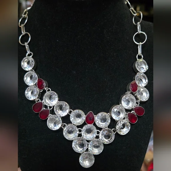 Quarts & garnet sterling silver bib necklace - Picture 4 of 12